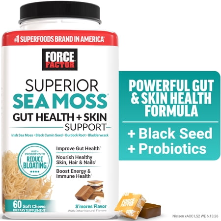 Force Factor Superior Sea Moss Gut Health + Skin Support with Irish Sea Moss, Probiotics, Biotin, Black Seed & Burdock Root, S’mores, 60 Soft Chews