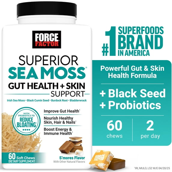 Force Factor Superior Sea Moss Gut Health + Skin Support with Irish Sea Moss, Probiotics, Biotin, Black Seed & Burdock Root, S’mores, 60 Soft Chews