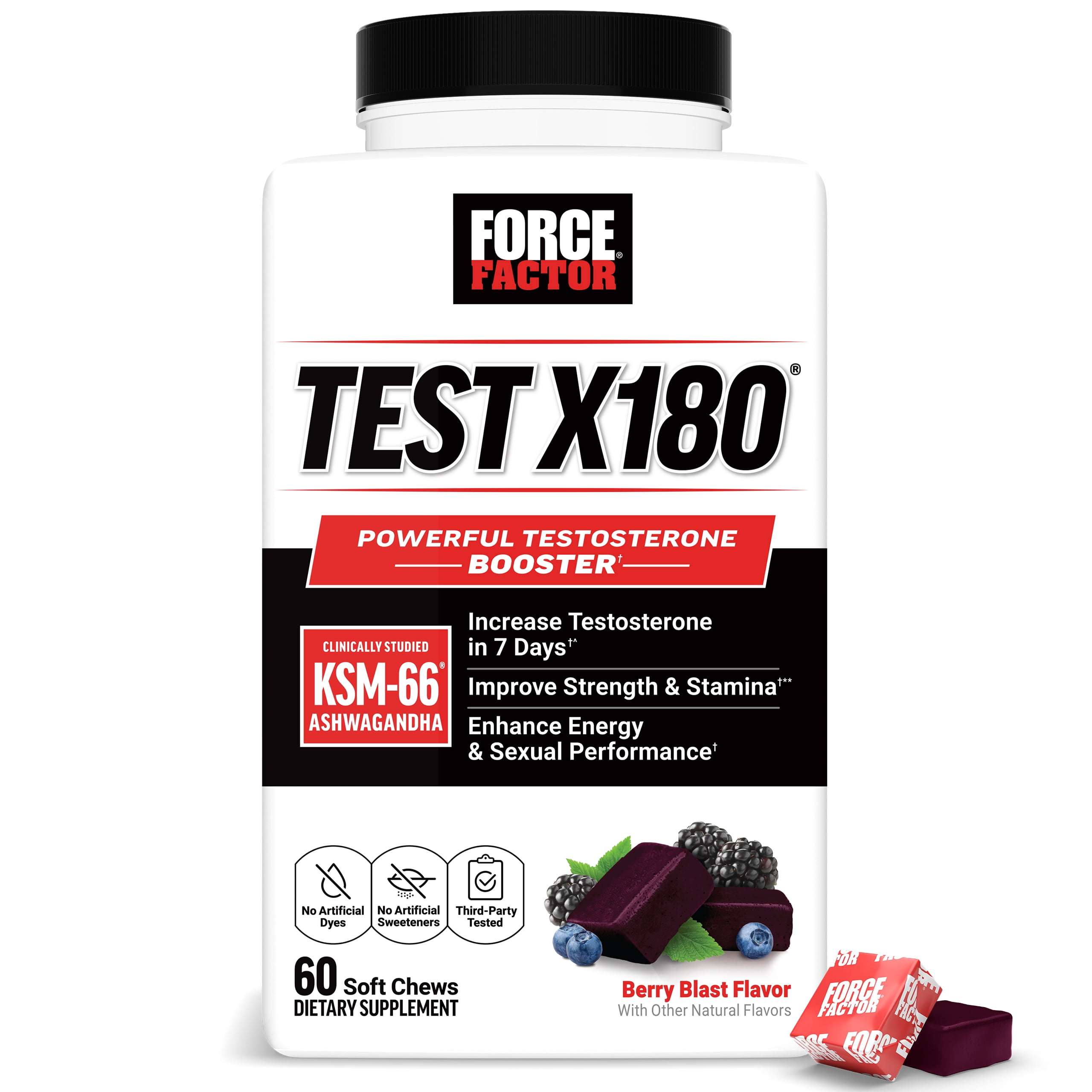 Test X180, Testosterone Support for Men with Clinically Studied KSM-66 Ashwagandha, Boron, Vitamin D & Zinc, Support Testosterone & Performance, Berry Blast, 60 Soft Chews by Force Factor