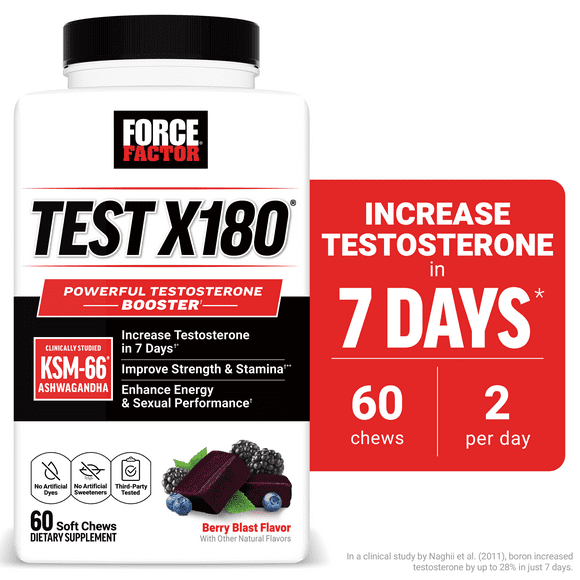 Test X180, Testosterone Support for Men with Clinically Studied KSM-66 Ashwagandha, Boron, Vitamin D & Zinc, Support Testosterone & Performance, Berry Blast, 60 Soft Chews by Force Factor