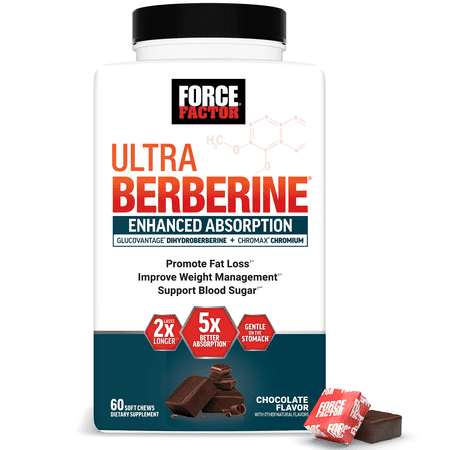 Ultra Berberine Enhanced Absorption, with GlucoVantage Dihydroberberine & Chromium, 5X Better Absorption, Lasts 2X Longer, Gentle on The Stomach, No Sugar, Chocolate Mint, 60 Soft Chews, Force Factor