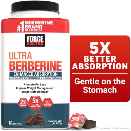 Force Factor Ultra Berberine Enhanced Absorption for Fat Loss, Blood Sugar & Metabolism Support, Gentle on The Stomach, Chocolate, 60 Soft Chews