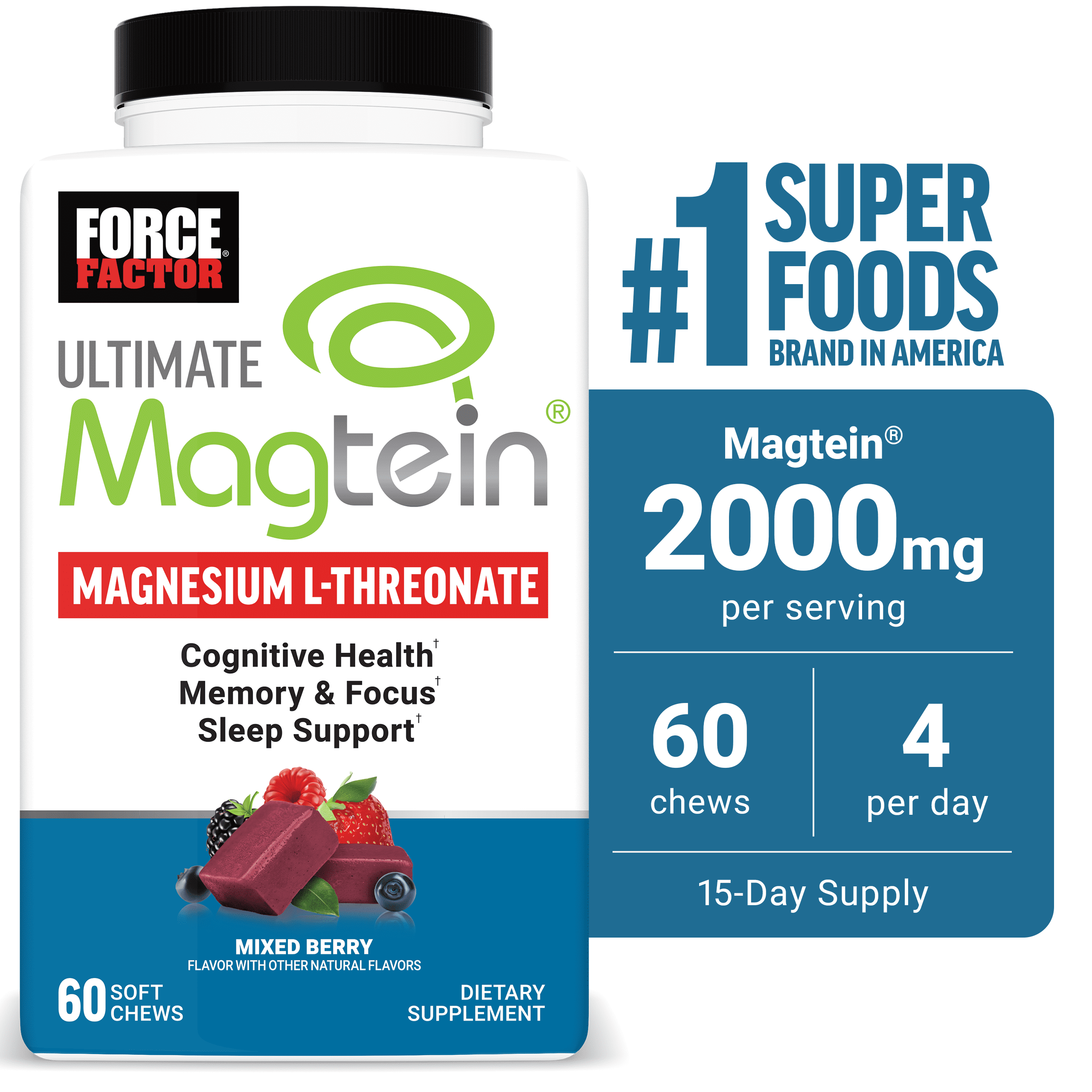 Ultimate Magtein Magnesium L-Threonate 2000mg, Support Cognitive Function, Focus, Memory & Sleep, Magnesium Threonate, Mixed Berry, 60 Soft Chews by Force Factor
