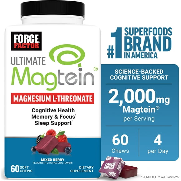 Force Factor Ultimate Magtein with Magnesium L-Threonate for Cognitive Health, Memory & Sleep, Clinically Studied Magtein, Mixed Berry, 60 Soft Chews