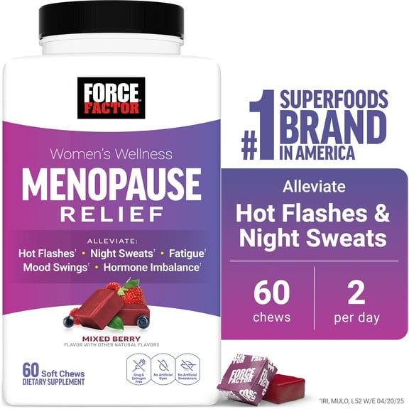 Menopause Relief, Menopause Supplements for Women with Black Cohosh for Hot Flashes, Hormone Balance & Menopause Support, Night Sweats & Mood Swings Relief, Mixed Berry, 60 Soft Chews by Force Factor