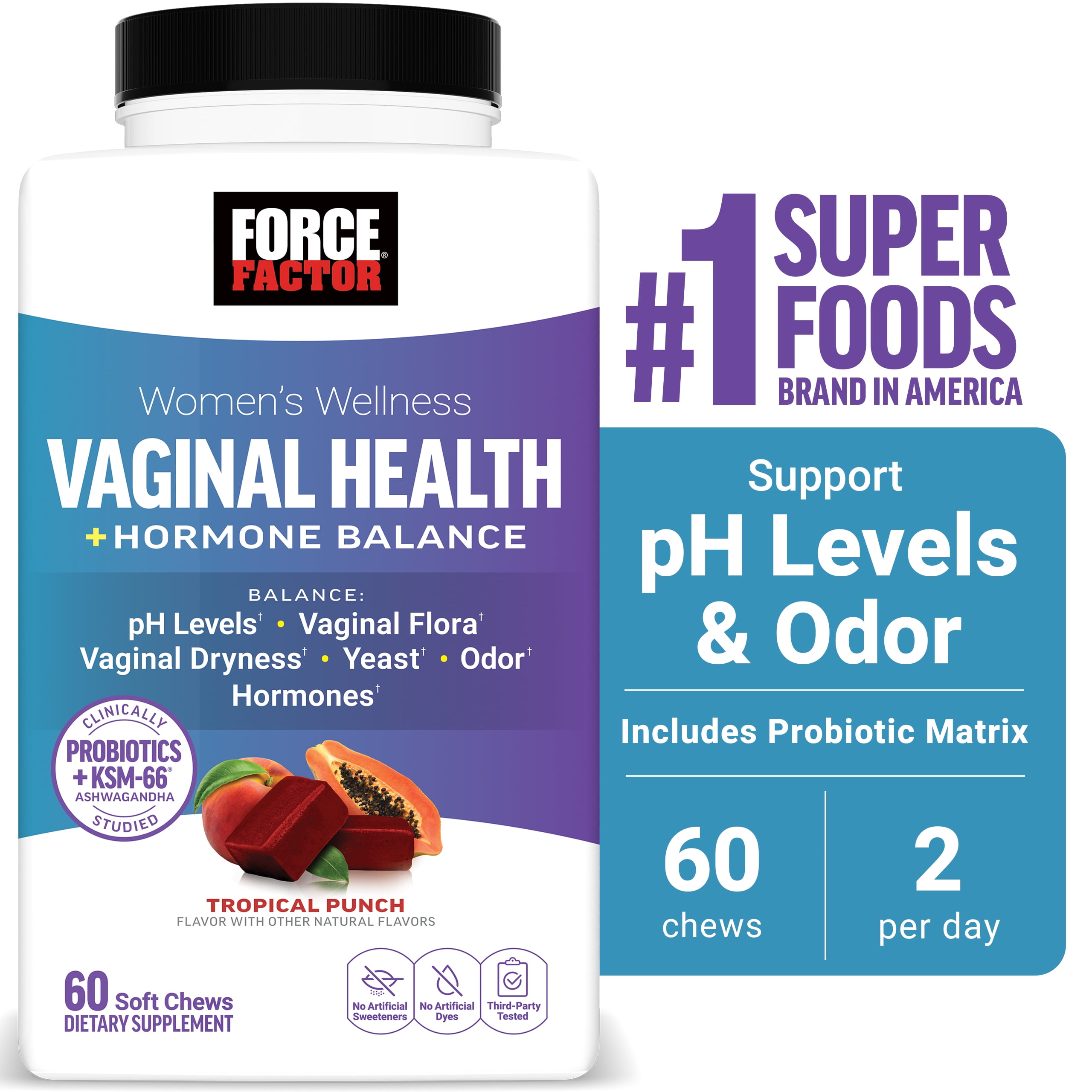 Womens Wellness Vaginal Health + Hormone Balance, Probiotics Supplement for Women with KSM-66 Ashwagandha & 5B CFUs for pH Balance, Vaginal Flora Support, Tropical Punch, 60 Soft Chews, Force Factor