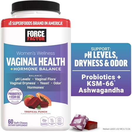 Force Factor Vaginal Health + Hormone Balance, Probiotic Supplement for Women with 5 Billion CFU & KSM-66 Ashwagandha, Tropical Punch, 60 Soft Chews