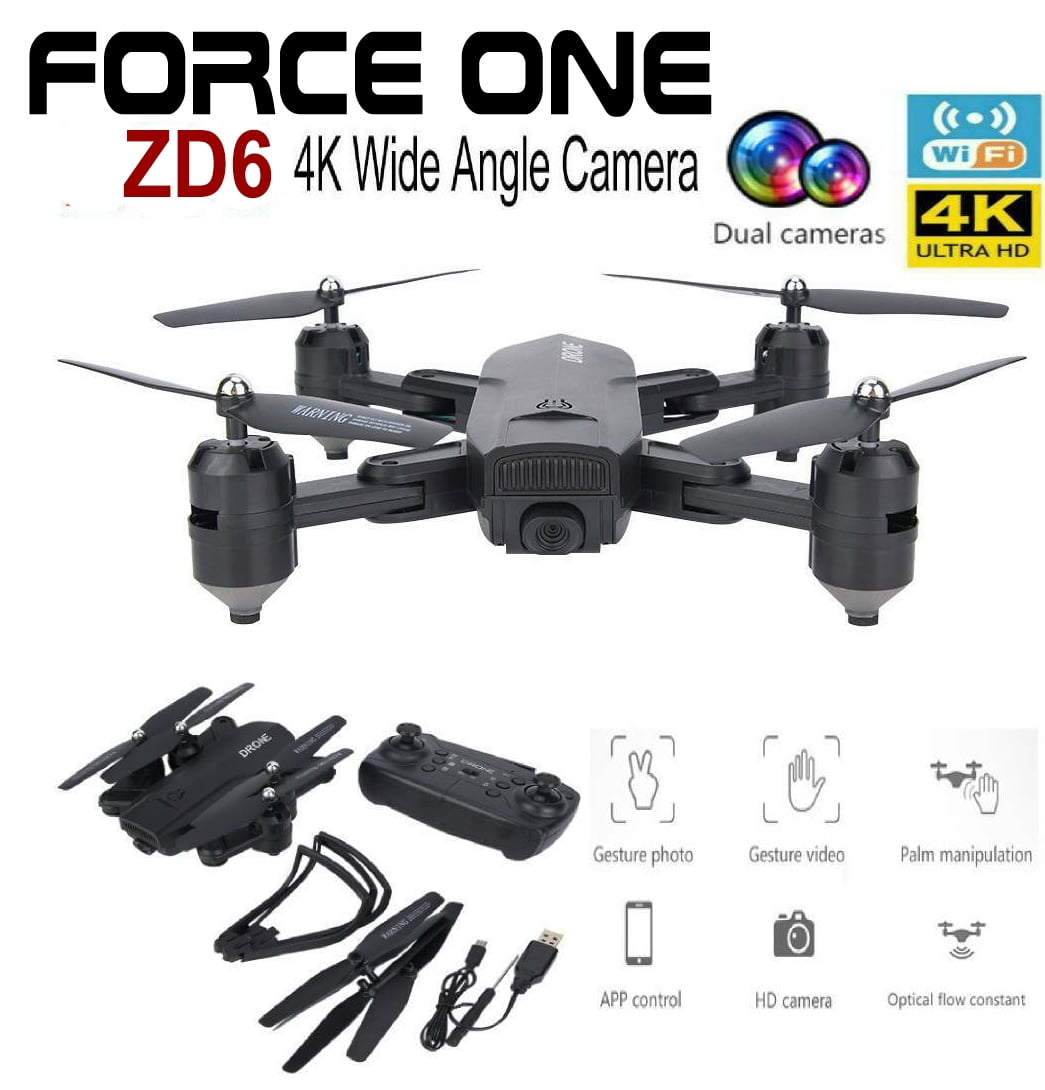FORCE ONE ZD6 4K Wide Angle Camera Wifi FPV GPS Selfie Drone Foldable RC Quadcopter Hover with Carry Case, Black with 2 batteries