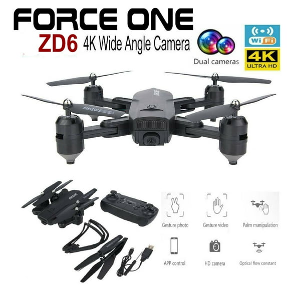 FORCE ONE ZD6 4K Wide Angle Camera Wifi FPV GPS Selfie Drone Foldable RC Quadcopter Hover with Carry Case, Black with 2 batteries