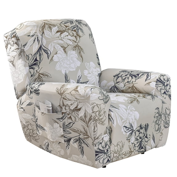 FORCHEER Printed Recliner Chair Cover, 4-Piece Stretch Reclining Furniture Protector, Soft Milk Silk Floral Slipcover with Side Pocket for Pets Kids Washable, Floral Elegant