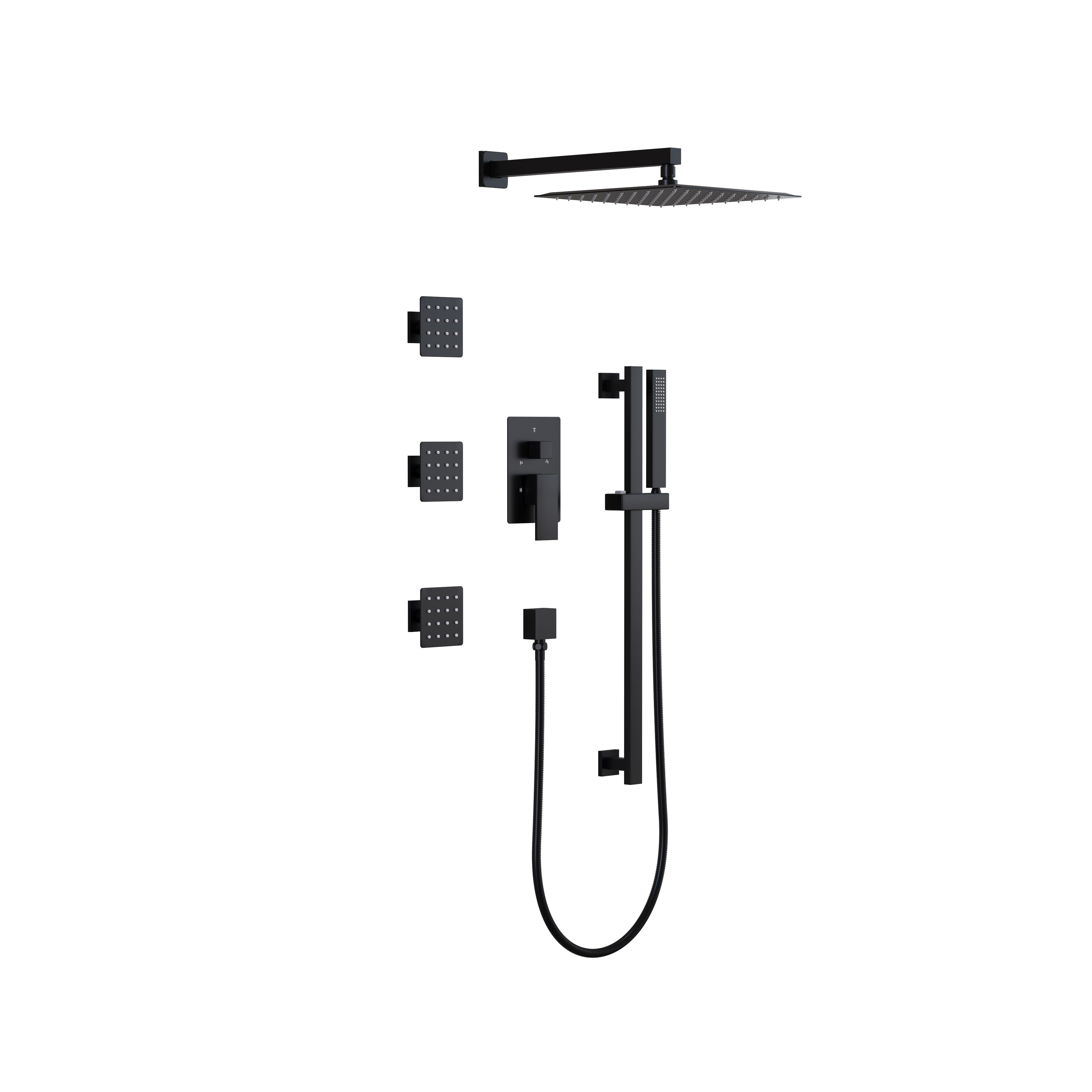 Matte Black Shower Faucet Set – 12" Rain Head, 6" Wall Head, Handheld With 3-Way Diverter & Valve Trim Kit