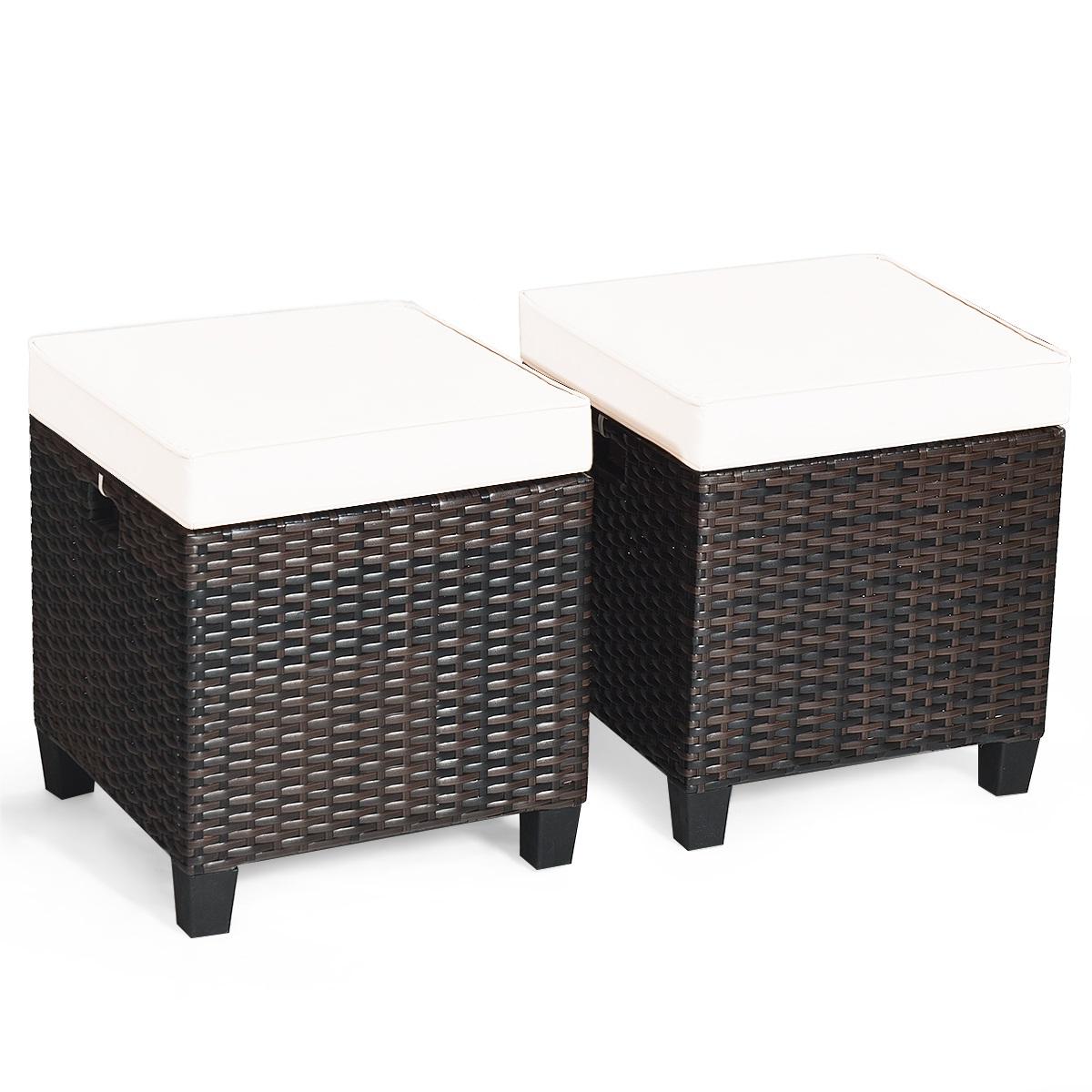 All Weather Rattan Wicker Ottoman Seat, Patio Rattan Furniture, Outdoor Footstool Footrest Seat W/Removable Cushions (Beige