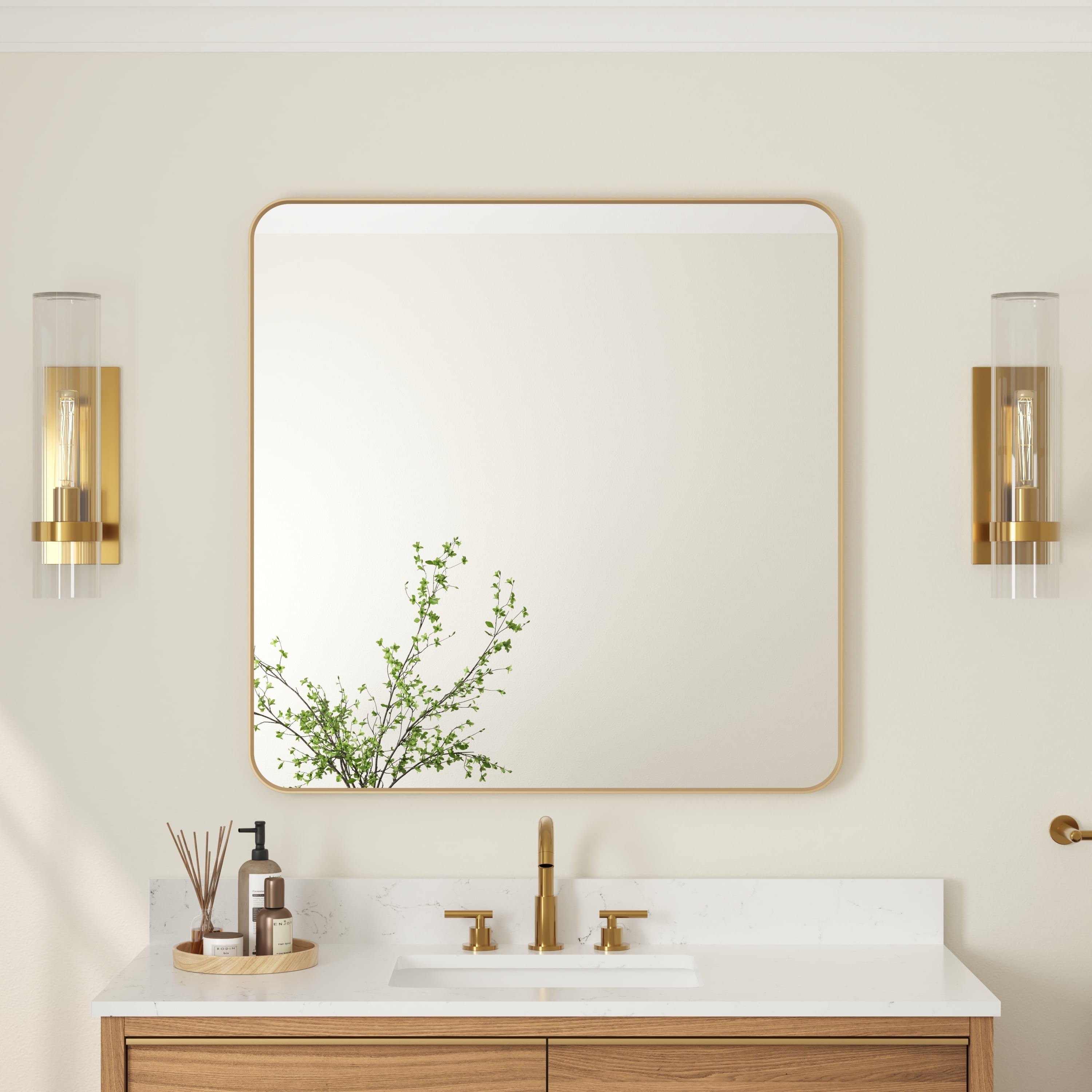 FORCLOVER 36 x 36 Inch Brushed Gold Bathroom Wall Mirror Vanity Metal ...