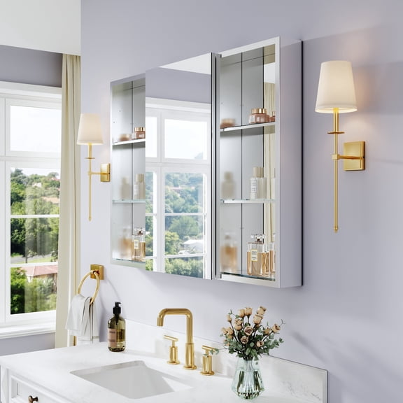 ANGELES HOME 40" x 30" Copper-Free Tri-View Aluminum Bathroom Medicine Cabinet and Open Shelf Set, Tempered Glass Shelves, Soft-Close Doors, Recessed or Surface Mount