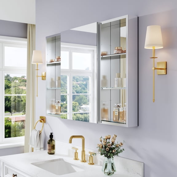 FORCLOVER 44" x 30" Tri-View Bathroom Medicine Cabinet with Copper-Free Mirror & Open Side Cabinet - Recessed or Surface Mount, Soft-Close Doors, Adjustable Shelves