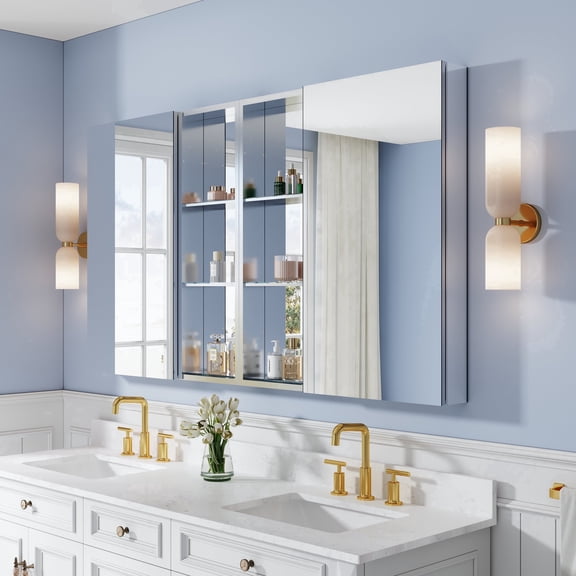 FORCLOVER 64"  36" Bathroom Medicine Cabinet with Copper-Free Tri-View Mirror, Open Side Cabinet, Adjustable Shelves, Soft-Close Doors, Recessed or Surface Mount  Premium Storage