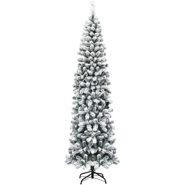 FORCLOVER 7.5ft Artificial Snow Flocked Christmas Tree, Unlit Pencil Hinged Pine Tree with 641Branch Tips and Metal Stand, Slim Xmas Snowy Tree for Indoor and Outdoor Use
