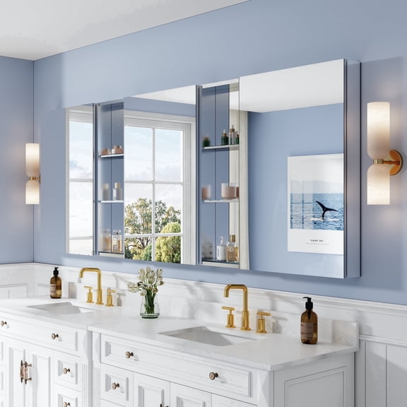 ANGELES HOME 96" x 36" Aluminum Bathroom Medicine Cabinet and Open Shelf Set with Copper-Free Tri-View Mirror, Adjustable Shelves, Soft-Close Doors, Recessed or Surface Mount