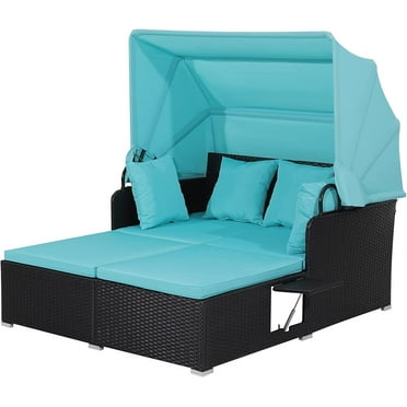 FORCLOVER Outdoor Rattan Daybed Lounge, PE Rattan Daybed, Patio Wicker Loveseat Sofa Set with Retractable Top Canopy & 2 Side Tables, Outdoor Sun Lounger with Soft Cushions, Turquoise