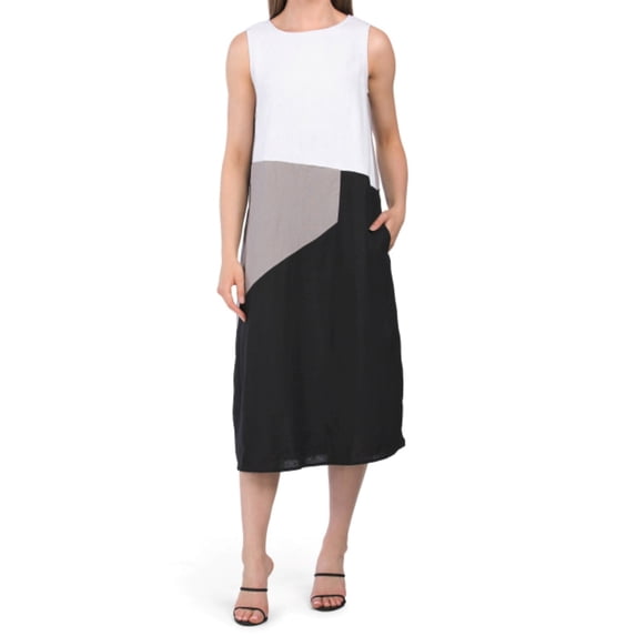 FORCYNTHIA Women's Linen Blend Color Block Sleeveless Midi Dress (Black, M)