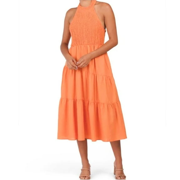 FORCYNTHIA Women's Linen Blend Halter Neck Tiered Midi Dress (Orange, S)
