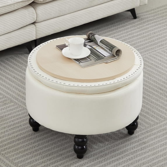 FOREDO 24 Inch Fabric Round Ottoman with Storage, Modern Upholstered Button Tufted Ottoman Coffee Table with Tray Lid, Circle Footstool with Storage for Living Room, Bedroom, White