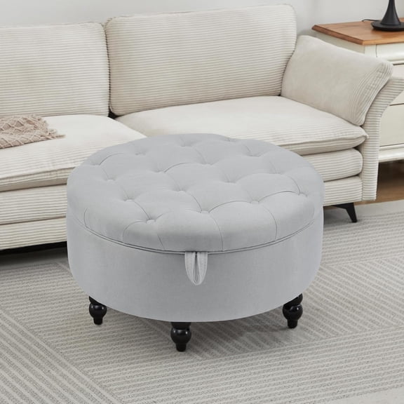 FOREDO 30 Inch Large Round Storage Ottoman, Modern Fabric Upholstered Tufted Coffee Table with Storage, Oversized Living Room Footrest Stool Ottoman with Flip Top Tray, Gray