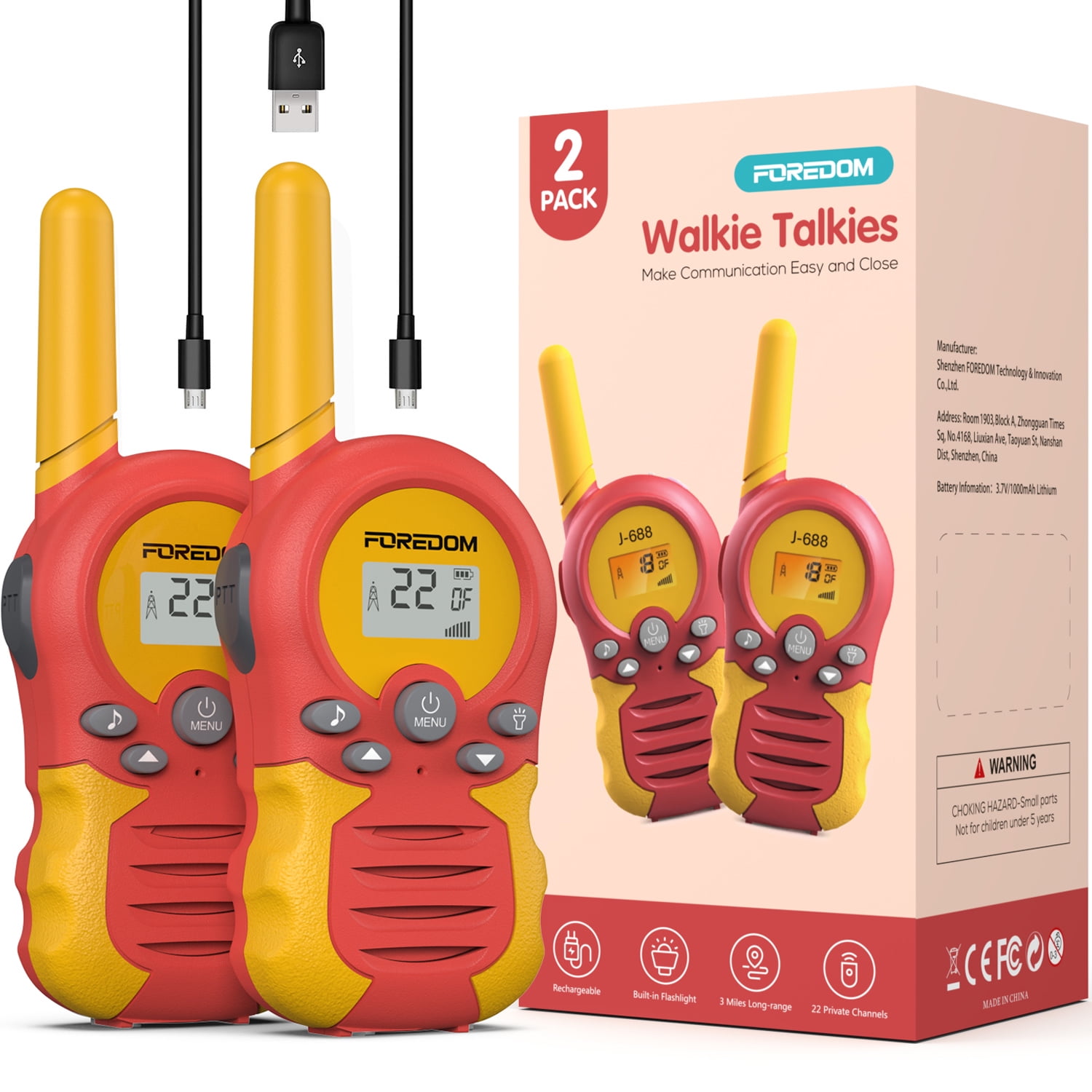 FOREDOM FD688 Rechargeable Walkie Talkies for Kids Long Range with Flashlight, 2 Pack　並行輸入
