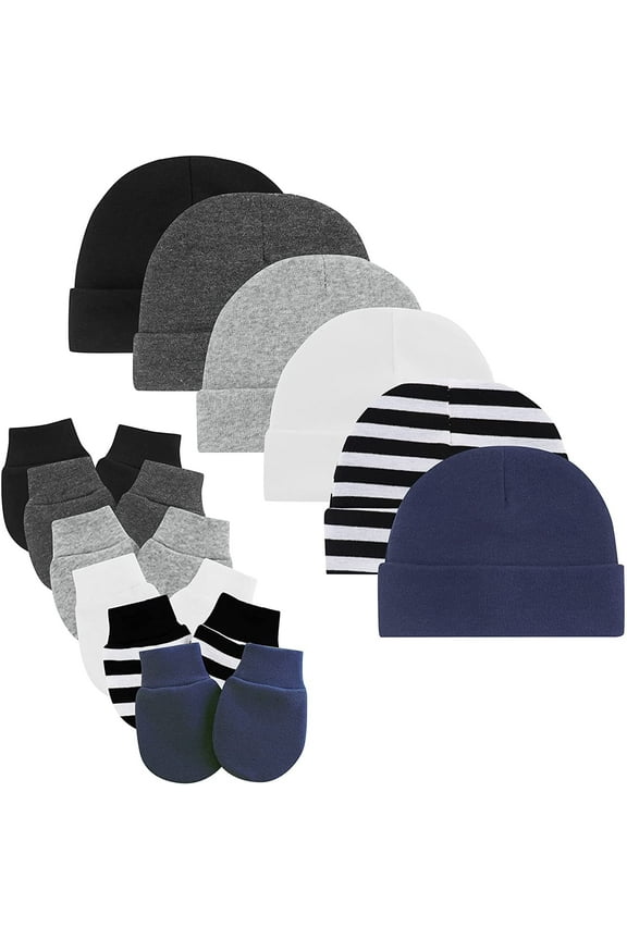 FOREEMME Newborn Infant Baby Boys Hat Mittens Set Cotton Gloves Beanie Skull Caps Hats for Baby 0-6 Months