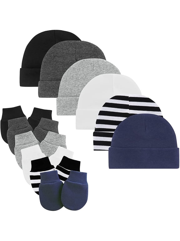 FOREEMME Newborn Infant Baby Boys Hat Mittens Set Cotton Gloves Beanie Skull Caps Hats for Baby 0-6 Months