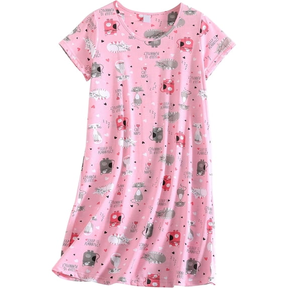FOREEMME Nightgowns for Women Cotton Night Shirts Short Sleeve Night Gown Dress Casual Pajamas Soft Cartoon Sleepwear M Pink Cat
