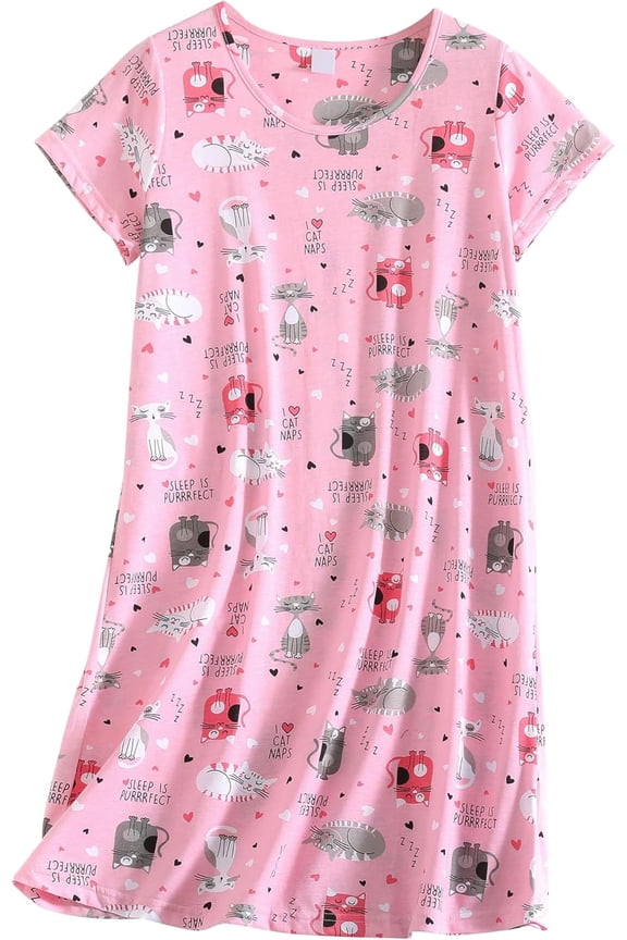 FOREEMME Nightgowns for Women Cotton Night Shirts Short Sleeve Night Gown Dress Casual Pajamas Soft Cartoon Sleepwear M Pink Cat