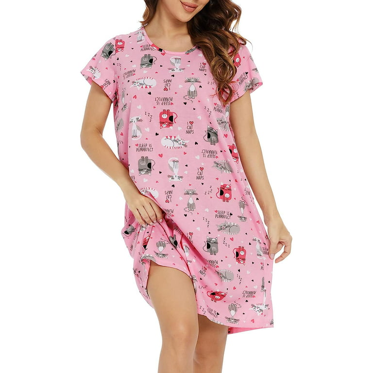 FOREEMME Nightgowns for Women Cotton Night Shirts Short Sleeve Night Gown  Dress Casual Pajamas Soft Cartoon Sleepwear M Pink Cat