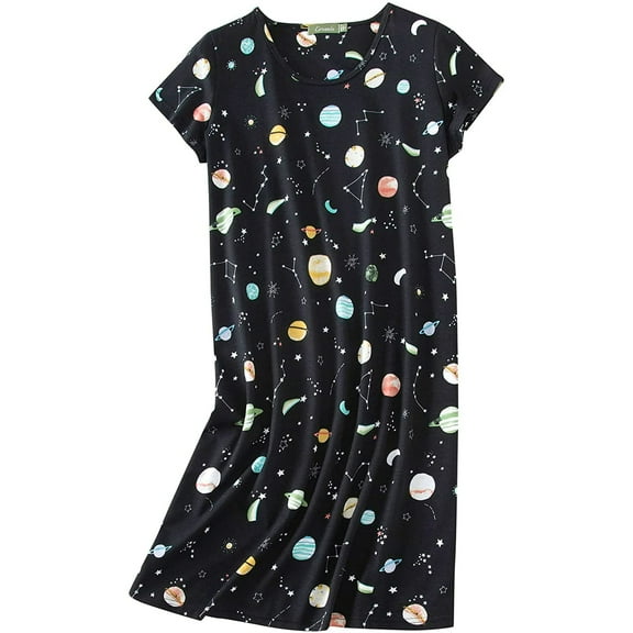 FOREEMME Women's Cotton Nightgown Sleepwear Short Sleeves Shirt Casual Print Sleepdress