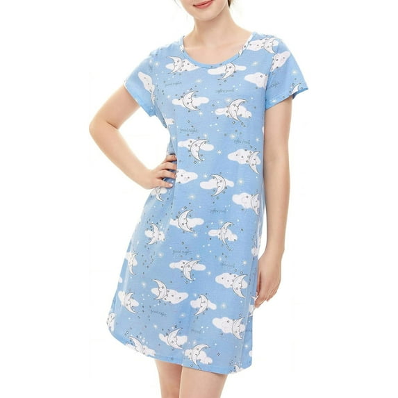FOREEMME Women's Nightgown Cotton Sleepshirts Short Sleeve Nightshirt Loose Comfy Pajama Blue Moon L
