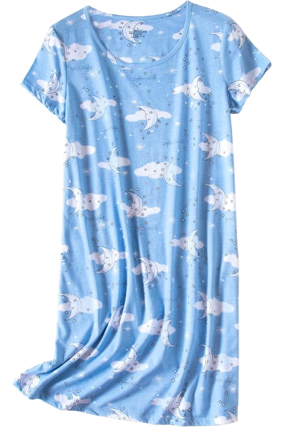 FOREEMME Women's Nightgown Cotton Sleepshirts Short Sleeve Nightshirt Loose Comfy Pajama Blue Moon L