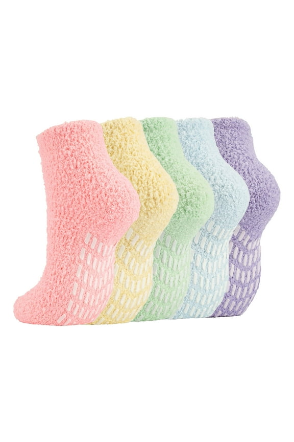 FOREEMME Womens Fuzzy Socks with Grips Slipper Socks for Women Non Slip Hospital Socks 5 Pairs