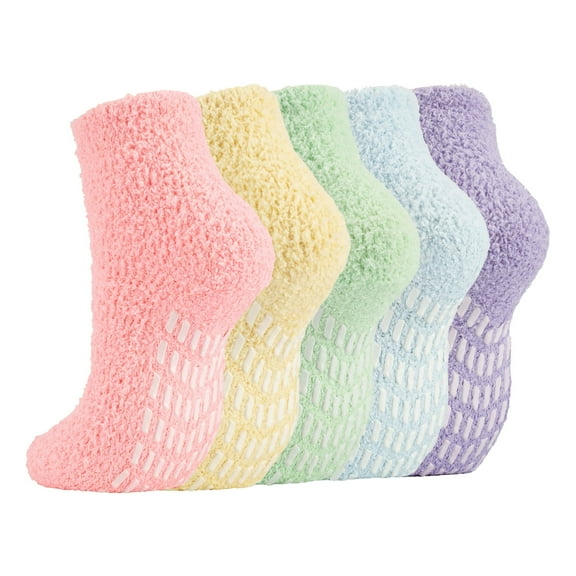 FOREEMME Womens Fuzzy Socks with Grips Slipper Socks for Women Non Slip Hospital Socks 5 Pairs