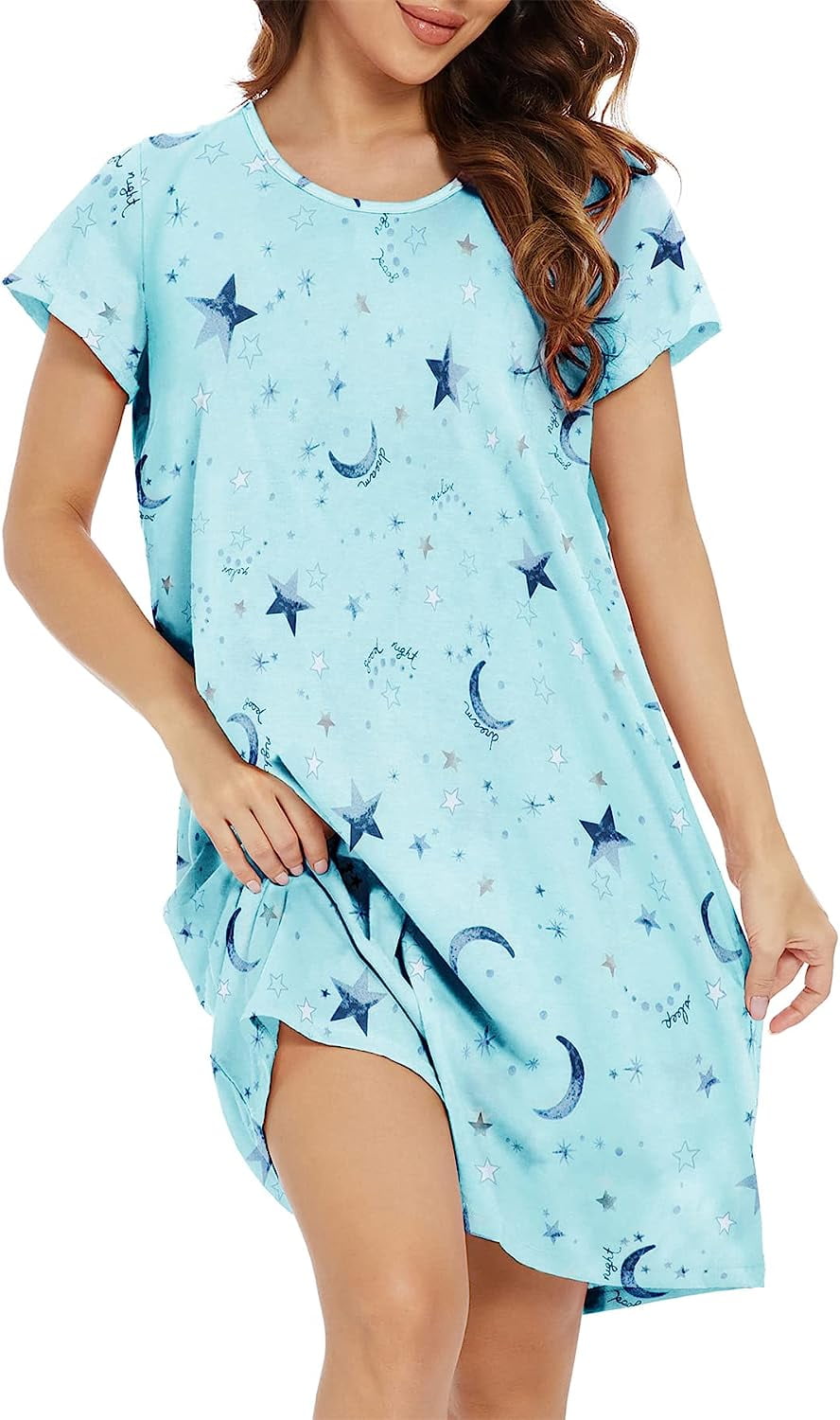 FOREEMME Womens Nightgowns Cotton Sleep Shirts Cartoon Printed Sleepwear  Short Sleeves Night Gown Dress Casual Pajamas L Cloud Moon 
