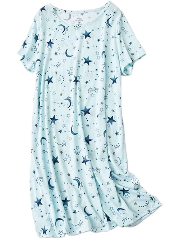 FOREEMME Womens Nightgowns Cotton Sleep Shirts Cartoon Printed Sleepwear Short Sleeves Night Gown Dress Casual Pajamas XL Cloud Moon