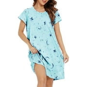 FOREEMME Womens Nightgowns Cotton Sleep Shirts Cartoon Printed Sleepwear Short Sleeves Night Gown Dress Casual Pajamas XL Cloud Moon