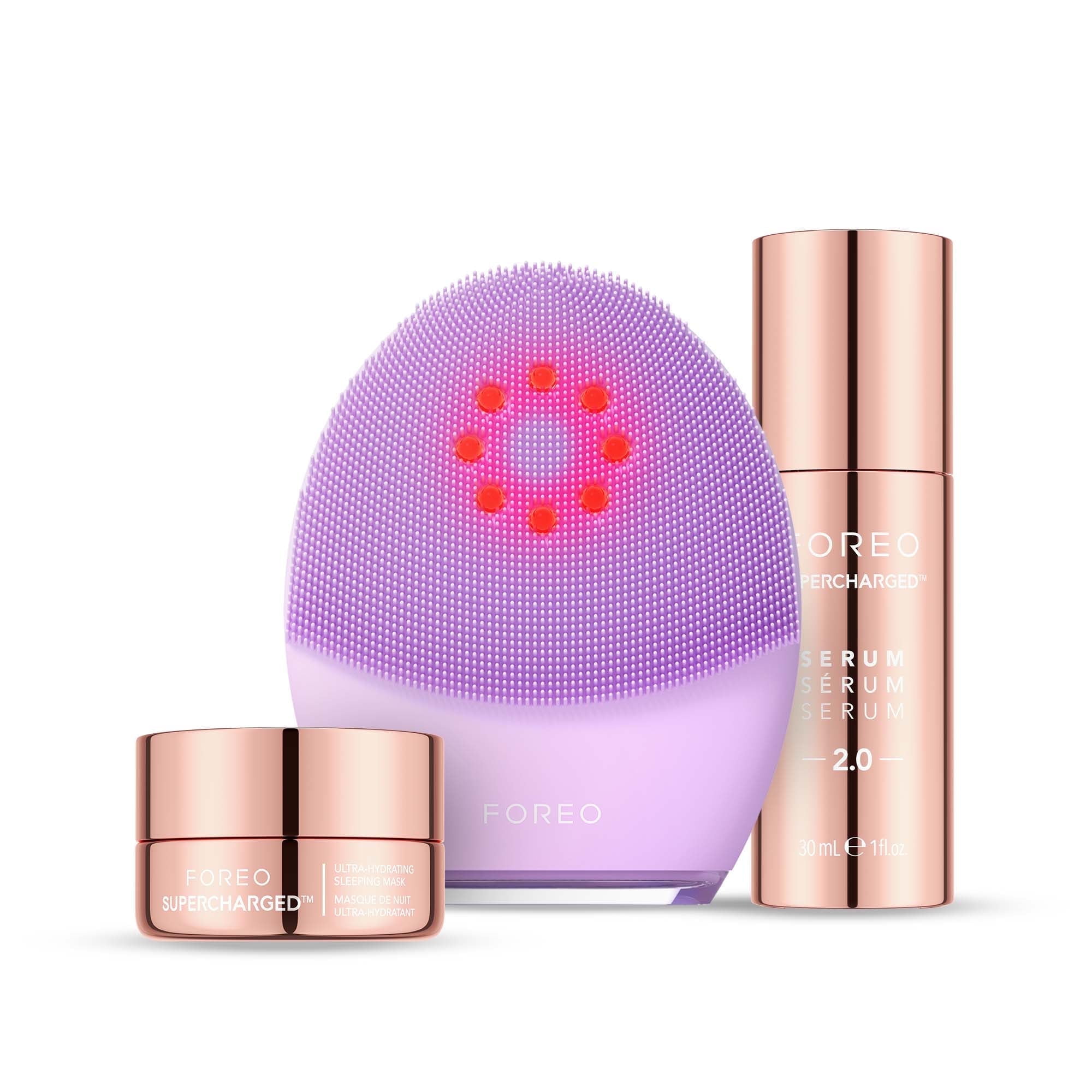 FOREO Firm & Clean Bundle LUNA 4 plus Sensitive Facial Cleansing Brush + SUPERCHARGED SERUM 2.0 (1 fl oz) + Hydrating Night Mask (2.5 fl oz)