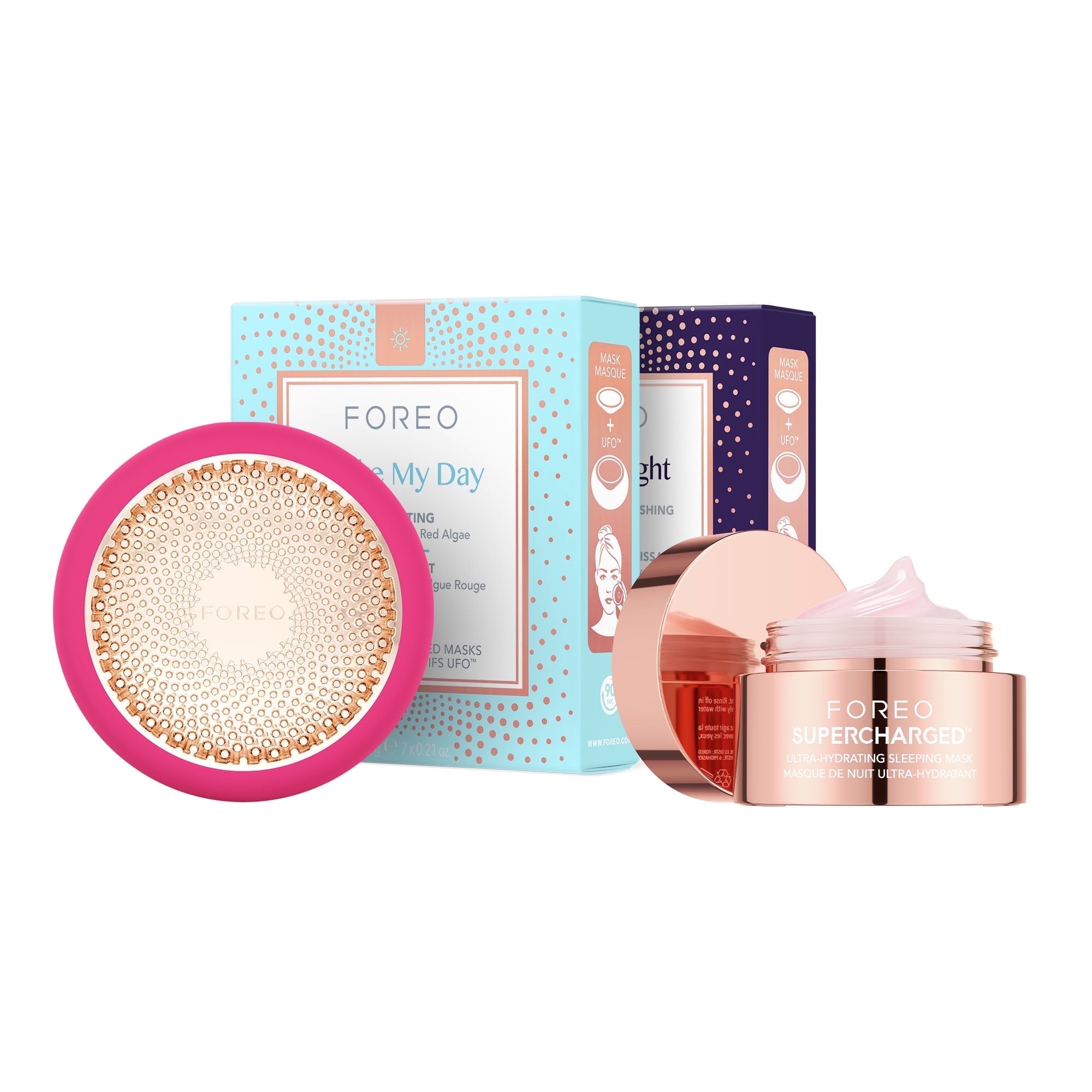 FOREO UFO 3 Hyper Hydra Facial Treatment Device Silicone Bundle with 14 UFO Activated Masks and Hydrating Night Mask, 0.5 oz