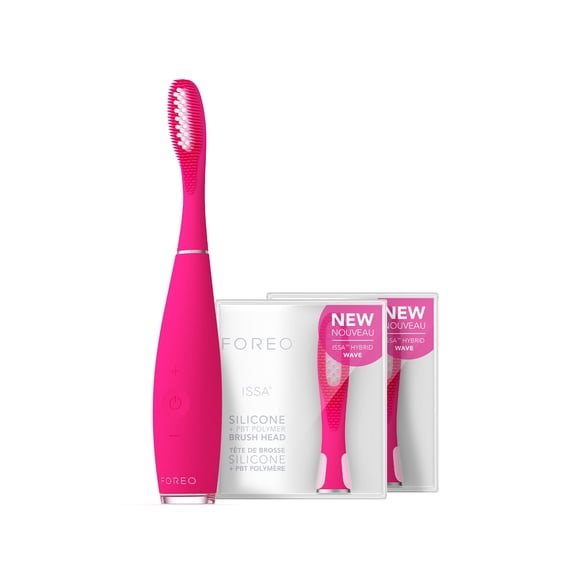FOREO ISSA 3 Electric Toothbrush Bundle with 4-in-1 Ultra-Hygienic Silicone Cleaning and 2 Brush Heads, Fuchsia