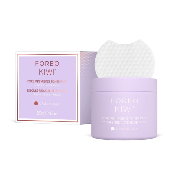 FOREO KIWI Pore Minimizing Toner Pads with Witch Hazel and Cica, Dual-Sided Exfoliating Facial Pads, 60 Count
