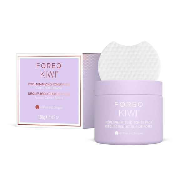 FOREO KIWI Pore Minimizing Toner Pads with Witch Hazel and Cica, Dual-Sided Exfoliating Facial Pads, 60 Count