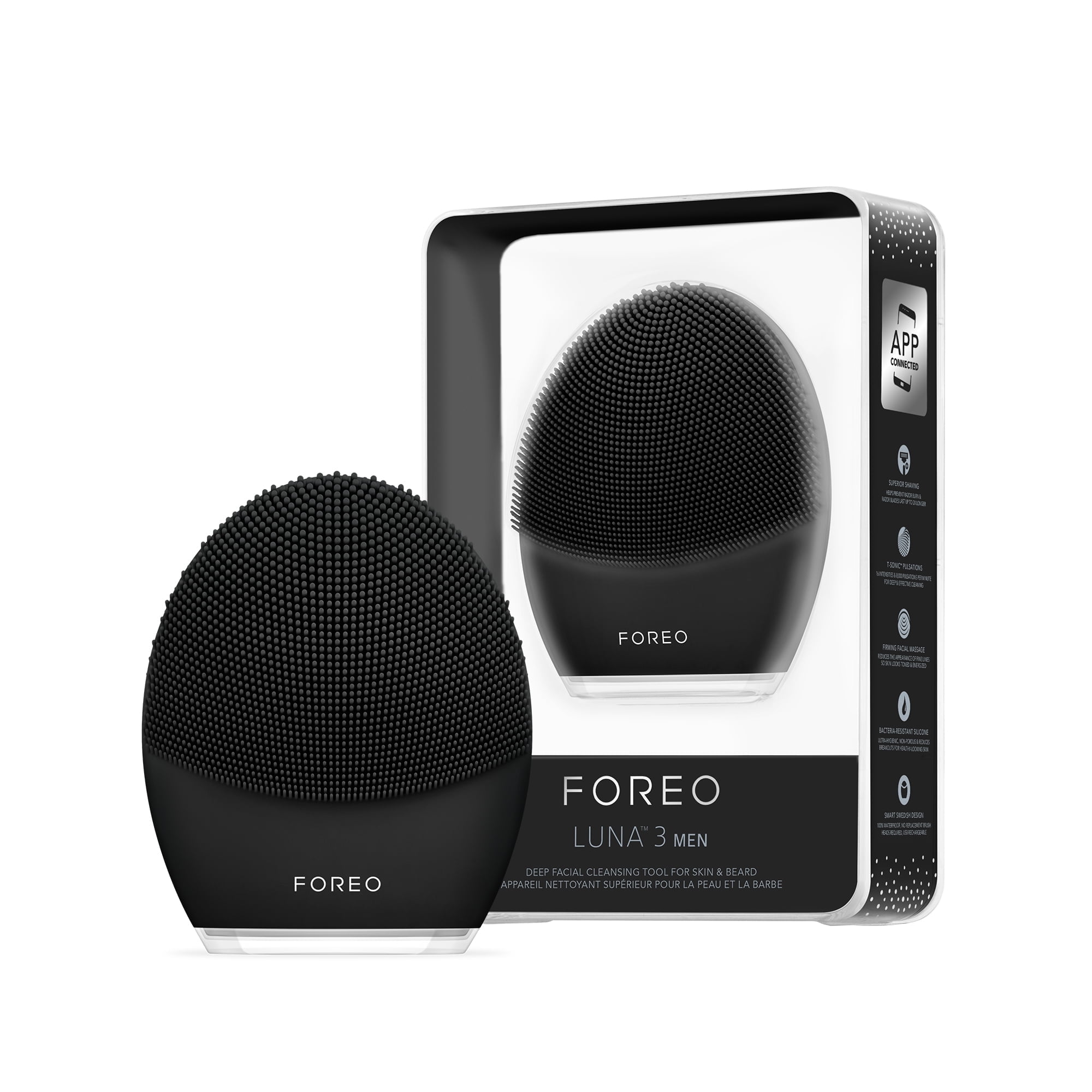 FOREO LUNA 3 MEN, Facial Cleansing & Firming Massage Brush for Skin & Beard, Black