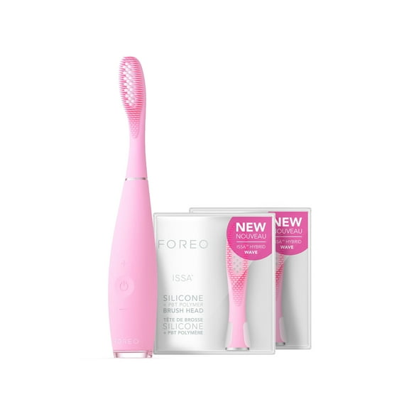 FOREO ISSA 3 Electric Toothbrush Bundle with 4-in-1 Ultra-Hygienic Silicone Cleaning and 2 Brush Heads, Pink
