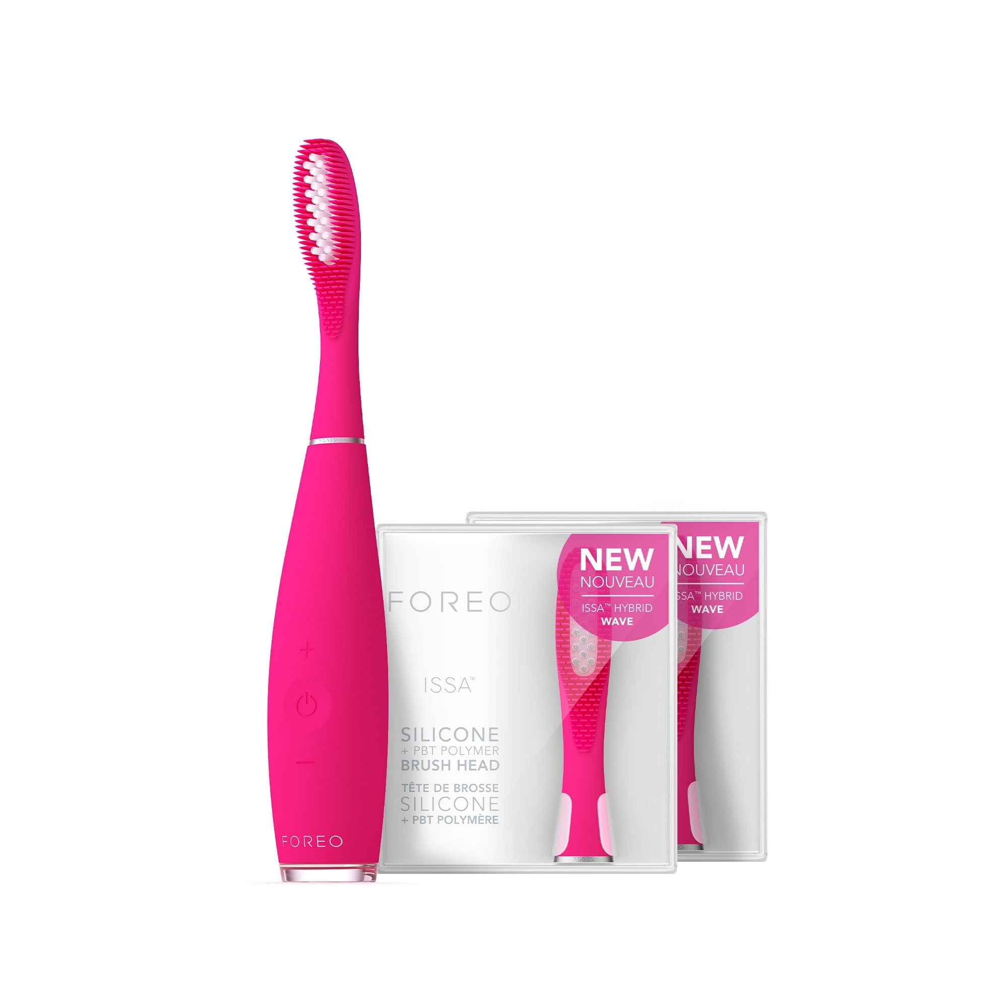 FOREO ISSA 3 Electric Toothbrush Bundle with 4-in-1 Ultra-Hygienic Silicone Cleaning and 2 Brush Heads, Fuchsia