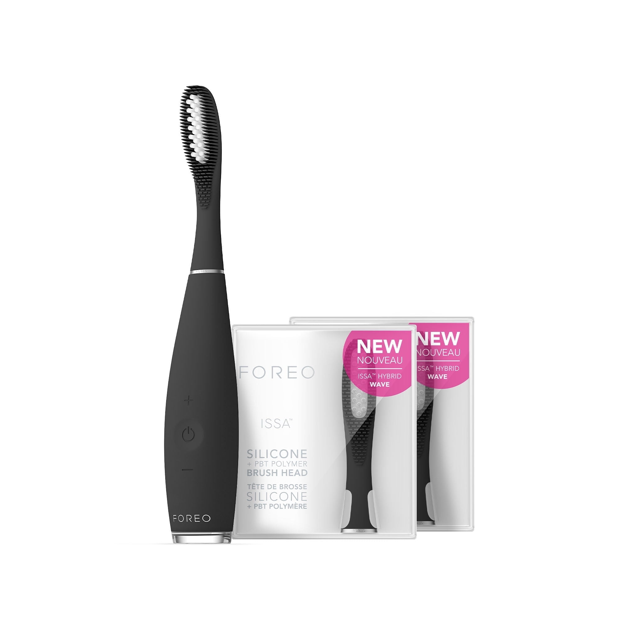 FOREO ISSA 3 Electric Toothbrush Bundle – 4-in-1 Silicone Cleaning, 2 Brush Heads, Rechargeable, Black